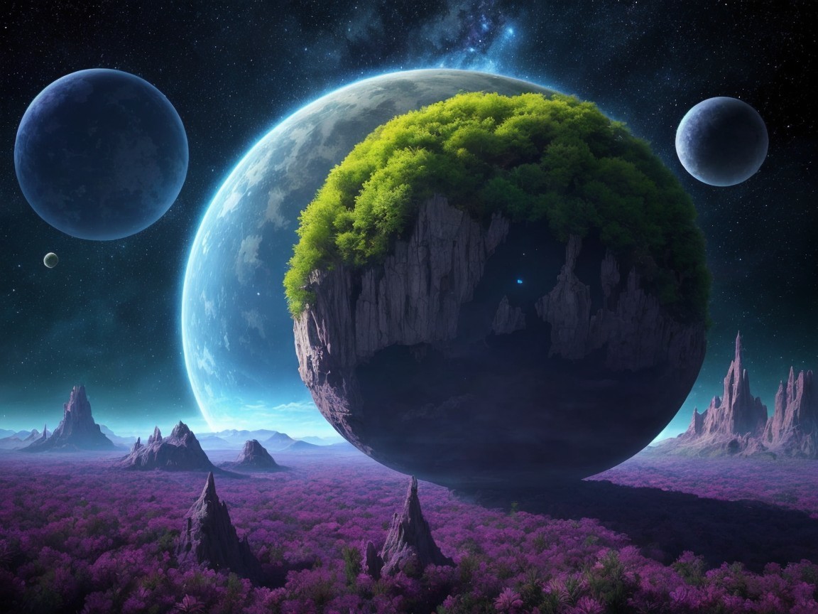 Surreal Landscape with Floating Spherical Island and Moons