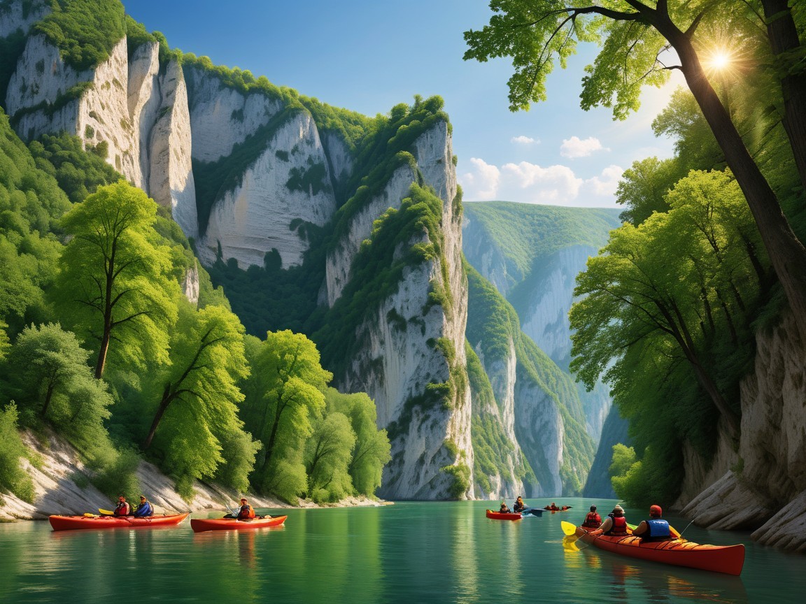 Serene River Flowing Through Lush Cliffs and Trees