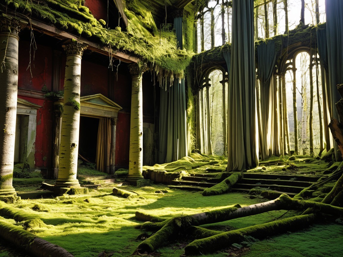 Abandoned hall overtaken by nature with sunlight filtering