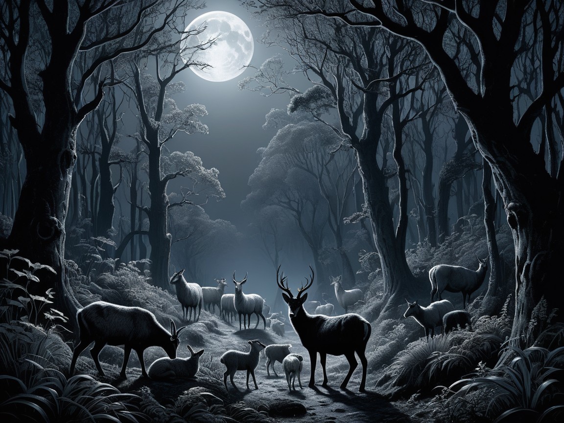 Moonlit Forest with Stag and Grazing Deer