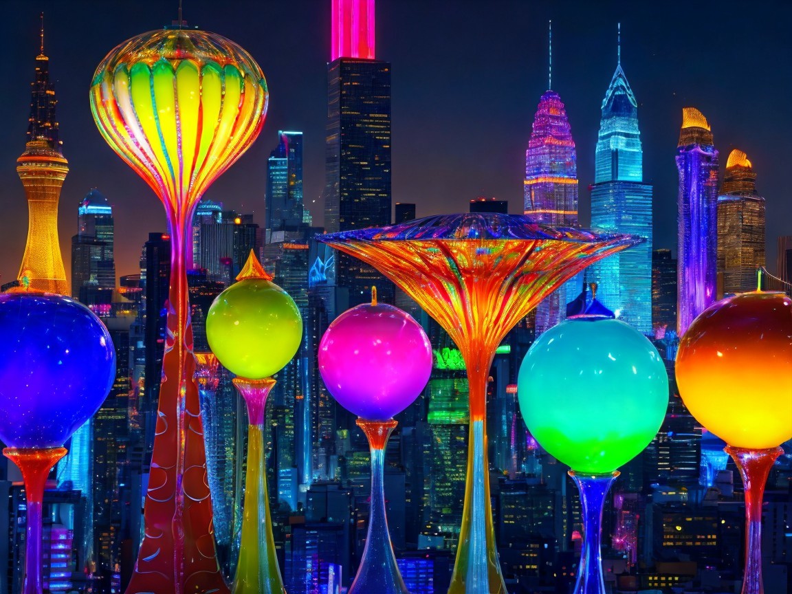 Vibrant Nighttime City Skyline with Colorful Towers