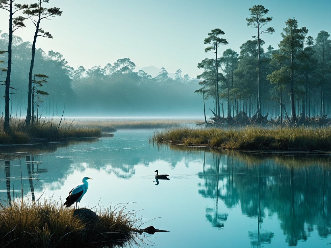 Serene Wetland Landscape at Dawn with Wildlife