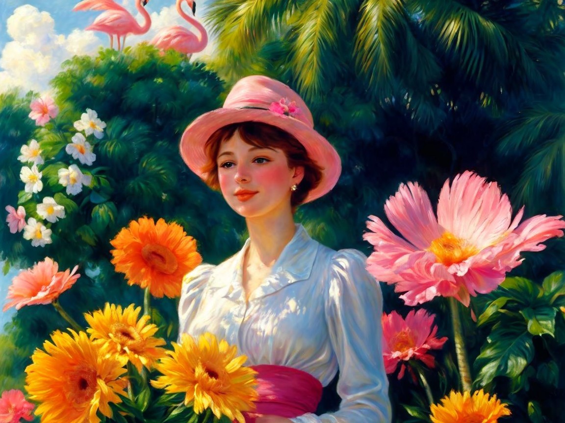 Serene garden scene with vibrant flowers and flamingos