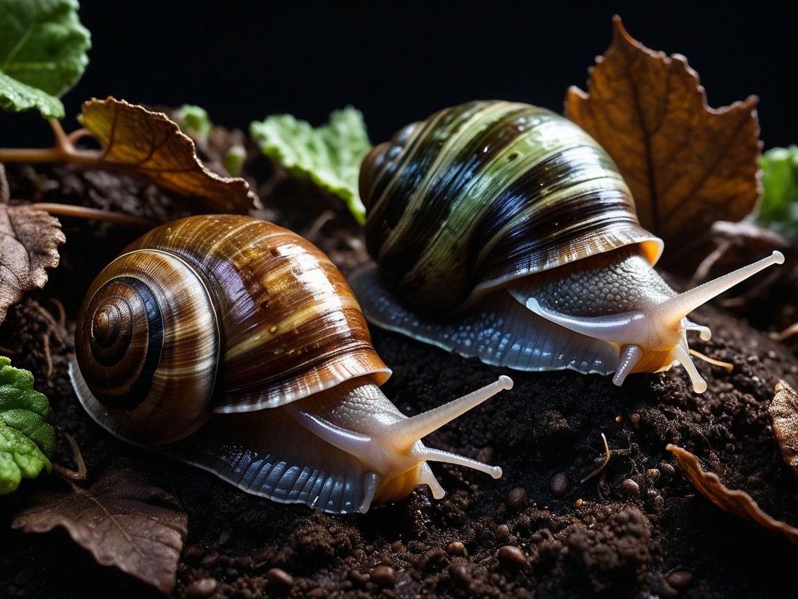 Large patterned snails moving on dark soil ground