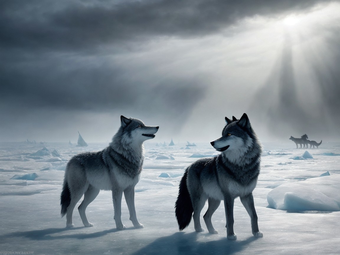 Gray wolves on an ice field under cloudy skies