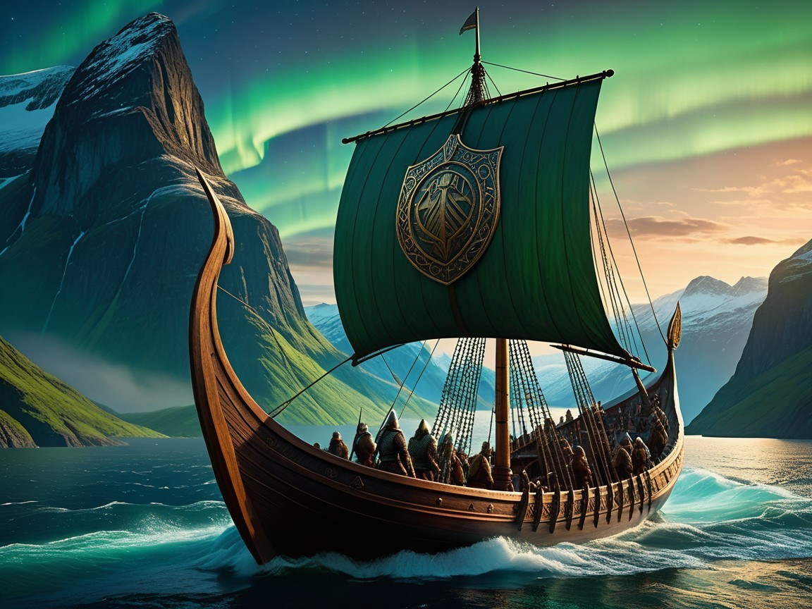 Viking Longship in Tranquil Waters with Auroras