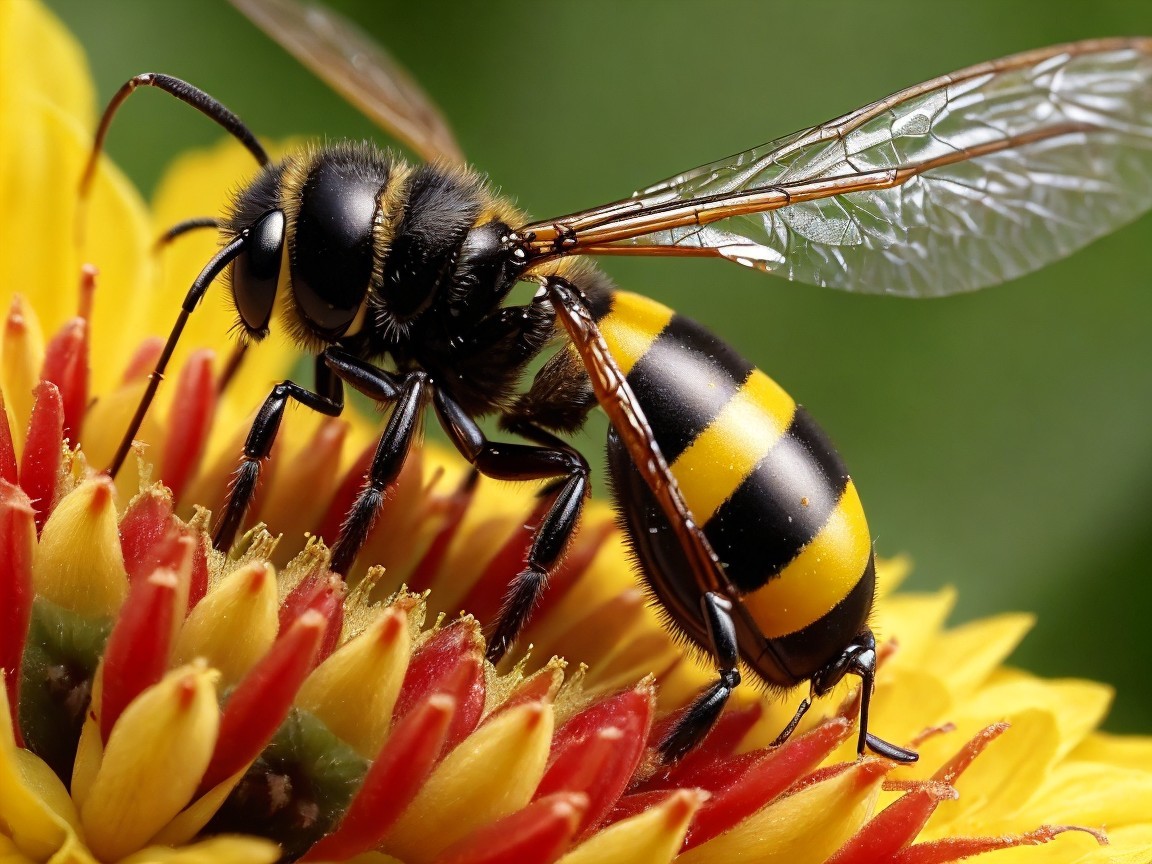 Close-up of a yellow and black striped bee on a flower