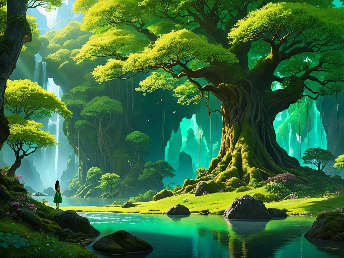Magical Landscape with Ancient Tree and Waterfalls
