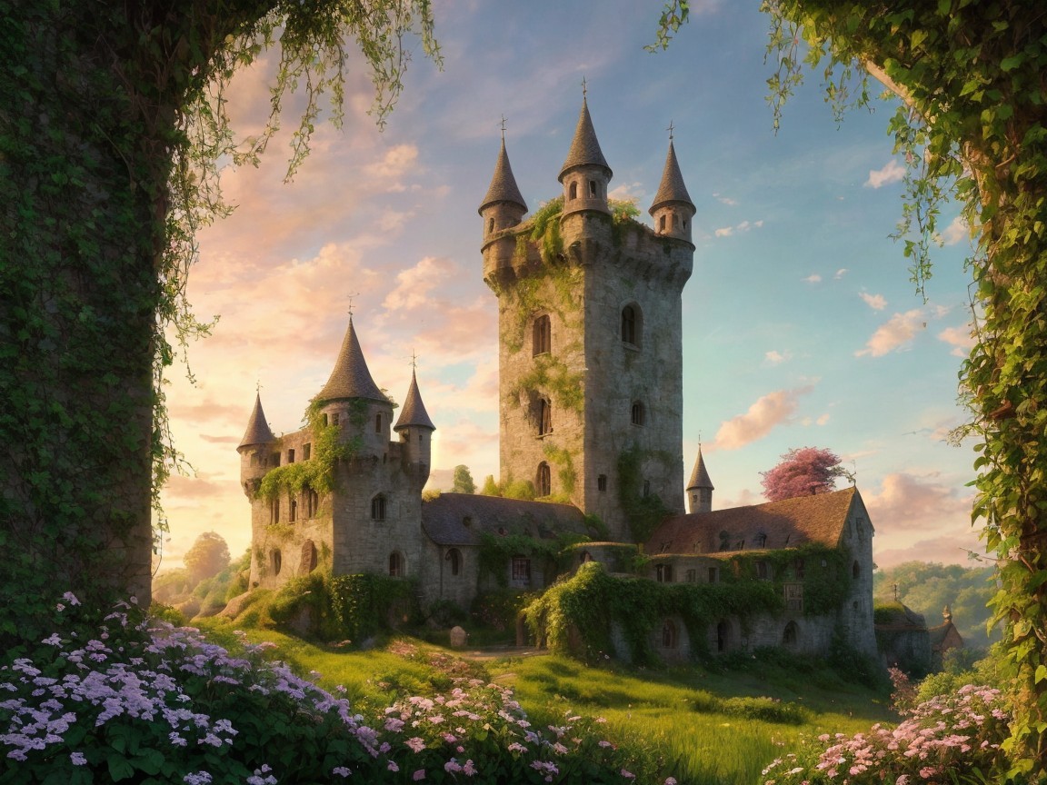 Majestic castle surrounded by lush greenery and flowers