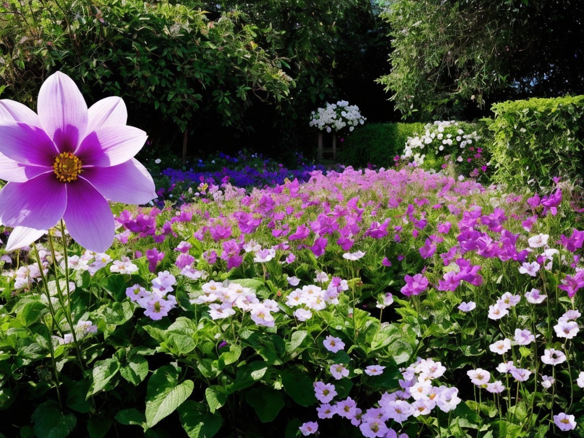 Vibrant Garden with Pink and Purple Flower Blooms