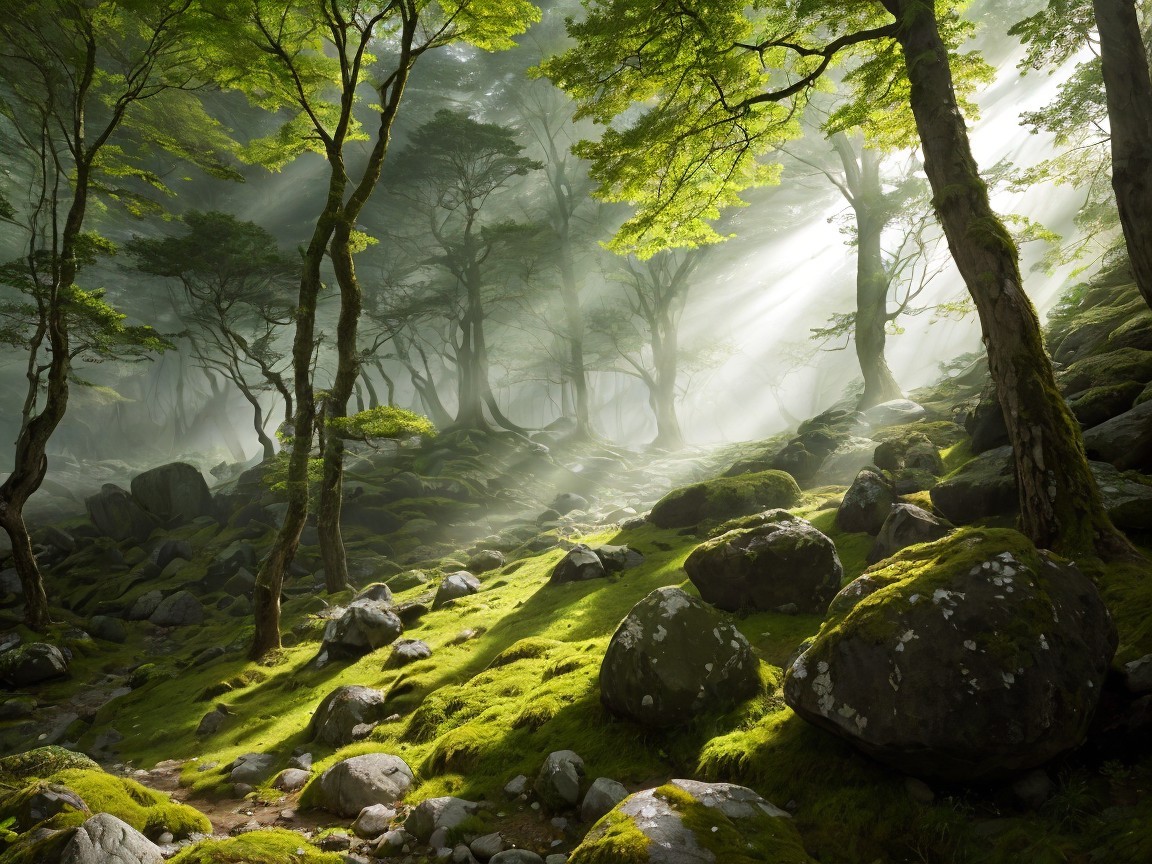 Serene Forest Scene with Sunlight and Mist