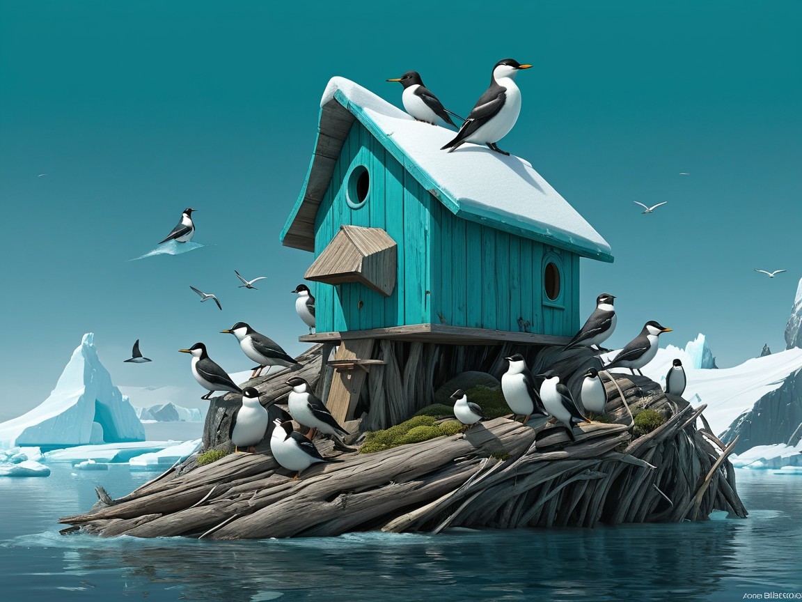 Turquoise Birdhouse on Ice Shelf with Penguins and Icebergs