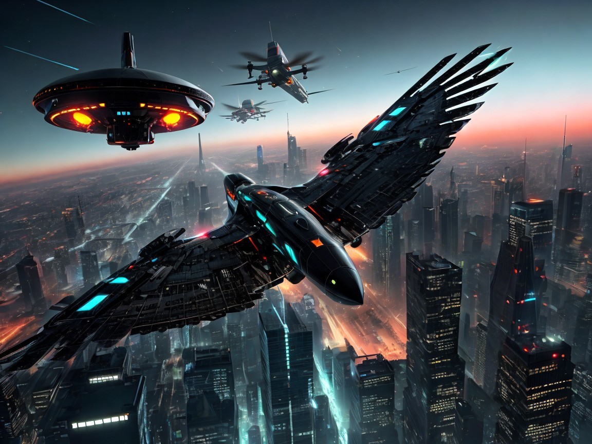 Futuristic Cityscape with Bird-Like Spacecraft at Dusk
