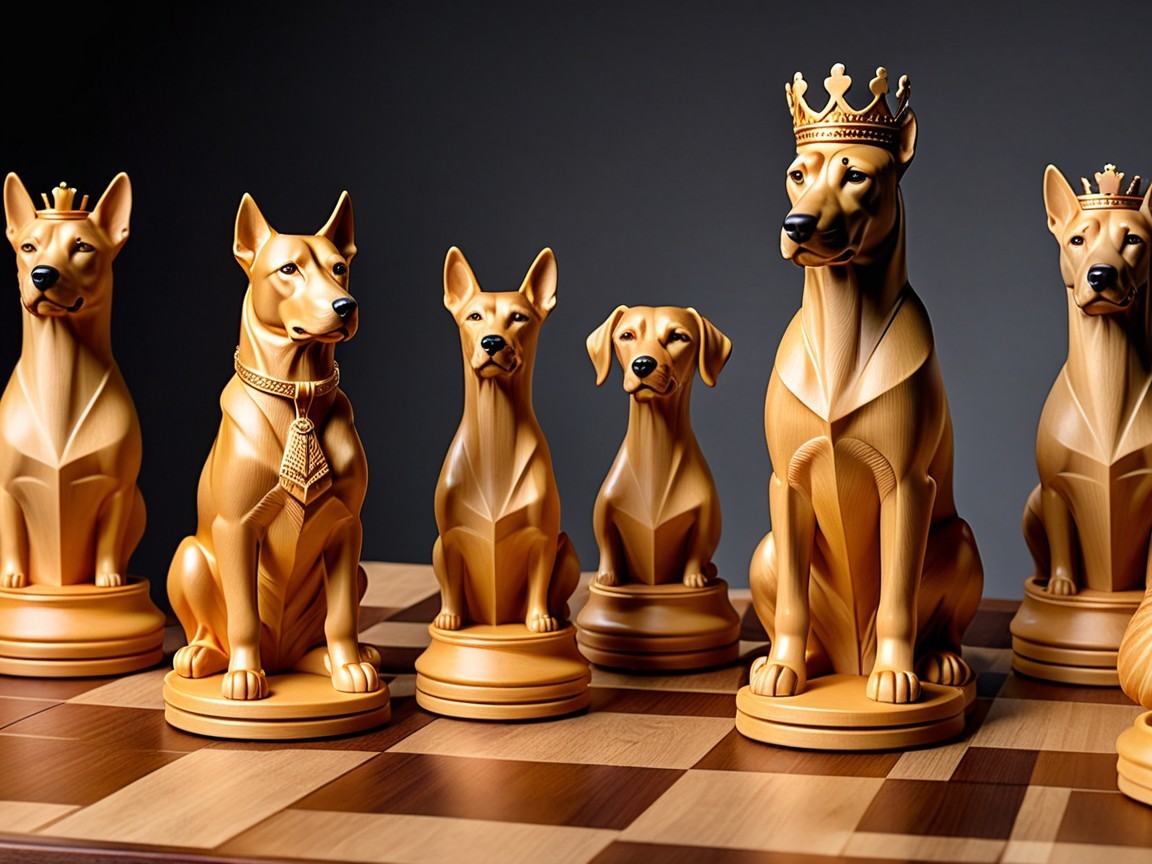 Wooden chess set featuring dog statues as pieces