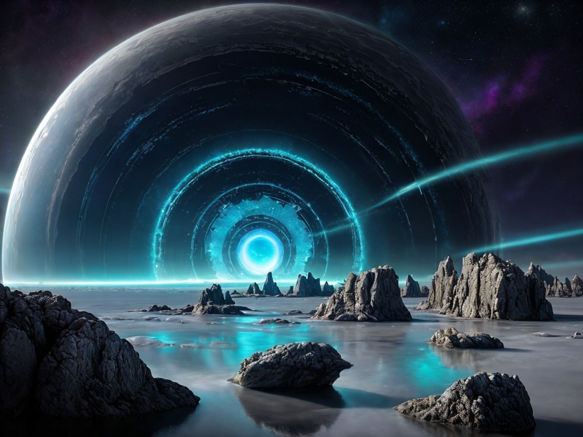 Cosmic Landscape with Ringed Planet and Nebulae