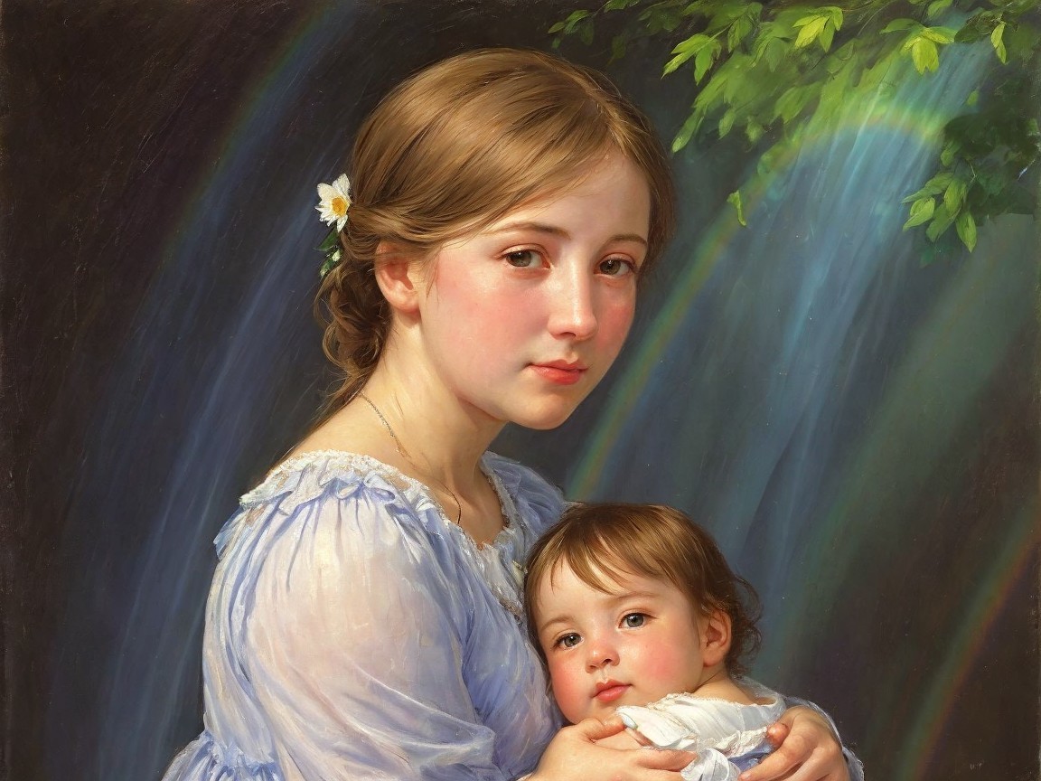Serene portrait of a woman holding a baby by a waterfall