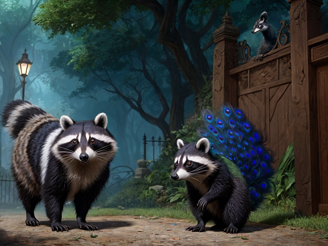 Raccoons in a Mystical Forest with Peacock Feathers
