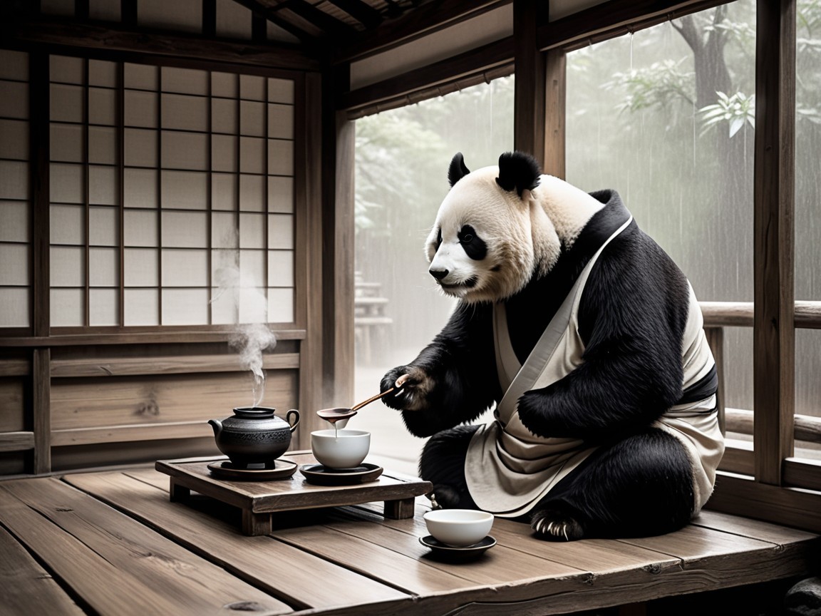 Panda in Kimono Conducts Tea Ceremony in Rainy Room