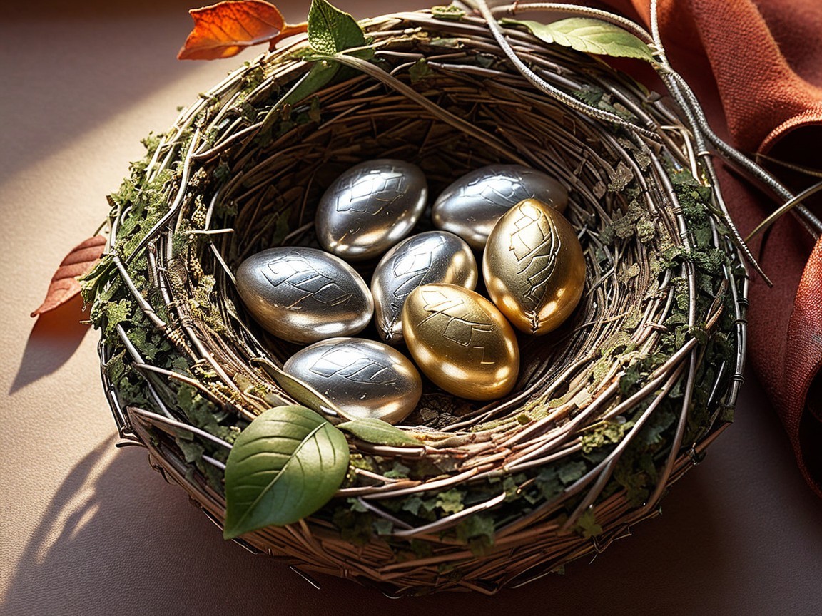 Nest with Metallic Eggs and Autumn Leaves Decor