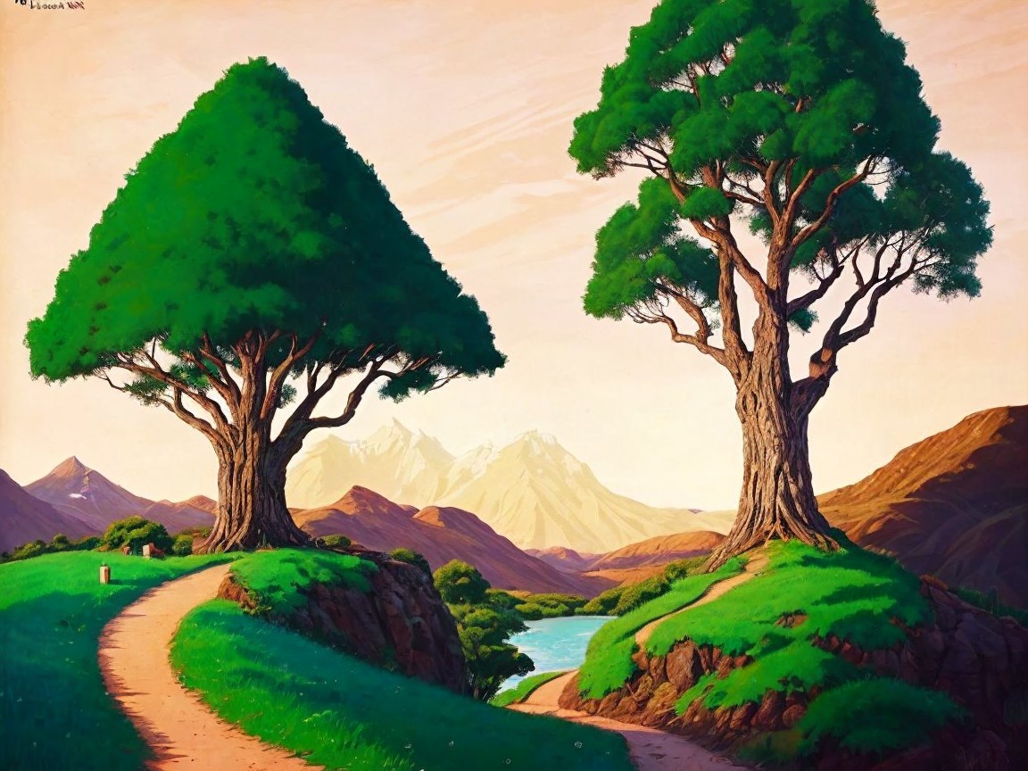 Idyllic landscape with trees, hills, and a river