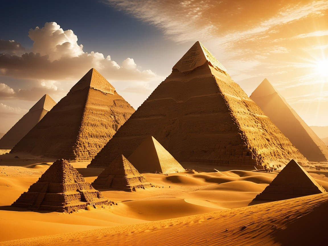 Pyramids of Giza at Sunset with Golden Rays