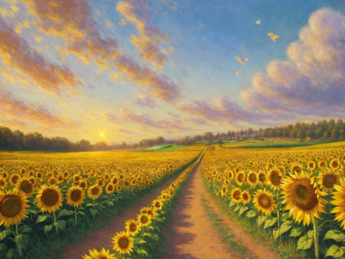 Vibrant Sunflower Field Under Golden Sunset Sky