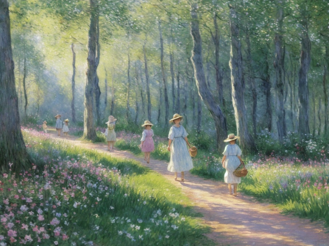 Serene Forest Path with Young Girls and Wildflowers