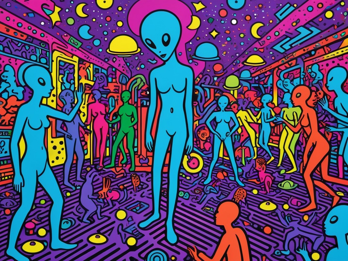 Psychedelic Alien Gathering in a Futuristic Setting