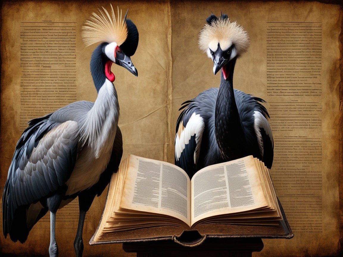 Cranes Beside an Open Book on Vintage Paper Background