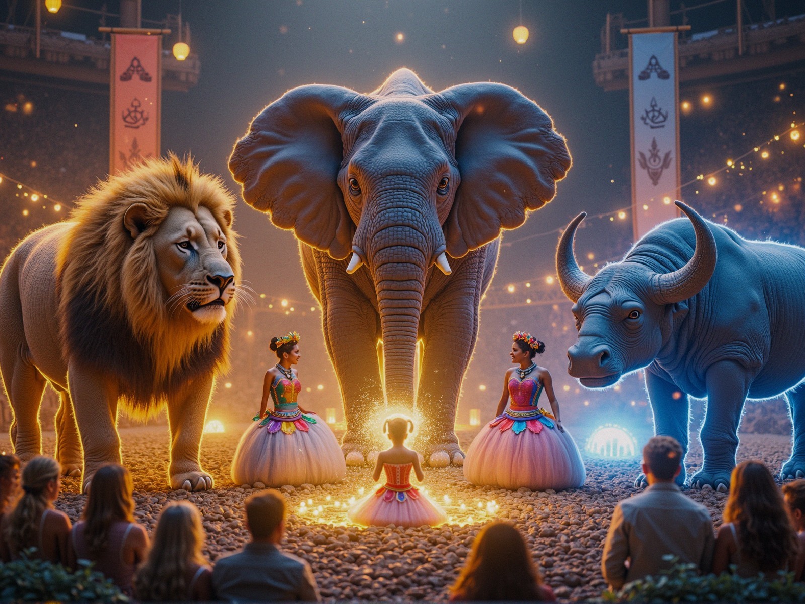 Magical Scene with Animals and Girls in Vibrant Arena