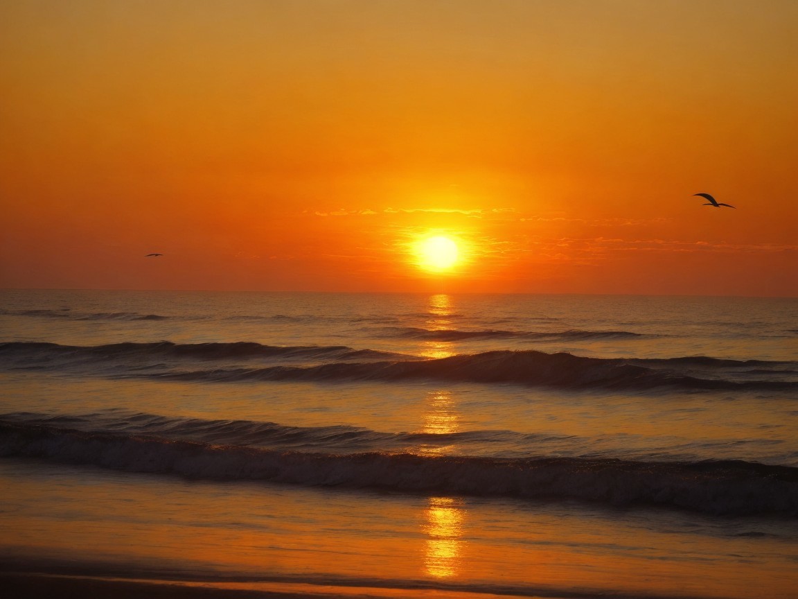 Serene Coastal Sunset with Golden Glow and Birds