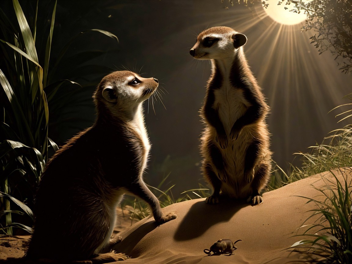 Meerkats in a serene, sunlit natural setting