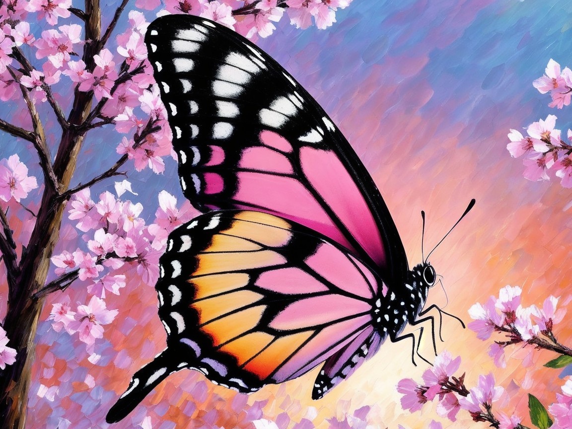 Vibrant Butterfly Amidst Cherry Blossoms and Pastels