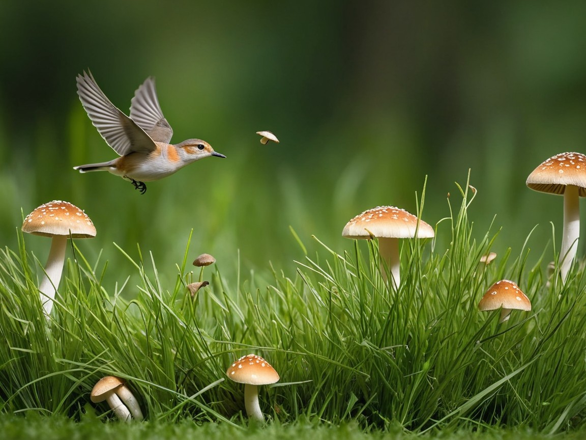 Bird in Flight Over Vibrant Mushroom Landscape