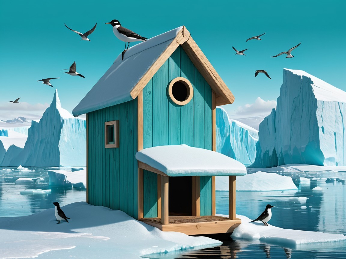 Teal Birdhouse on Snowy Platform with Winter Wildlife