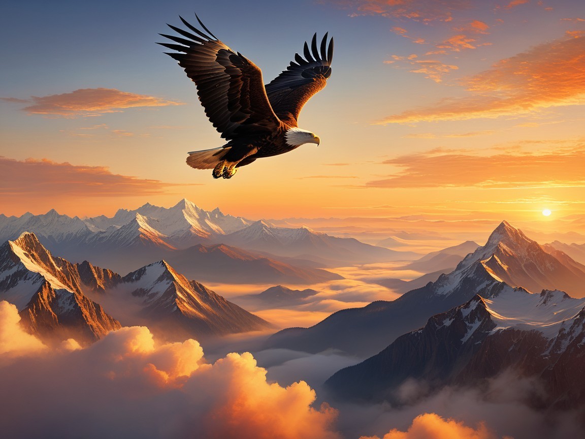 Eagle Soaring Over Sunset Mountain Landscape
