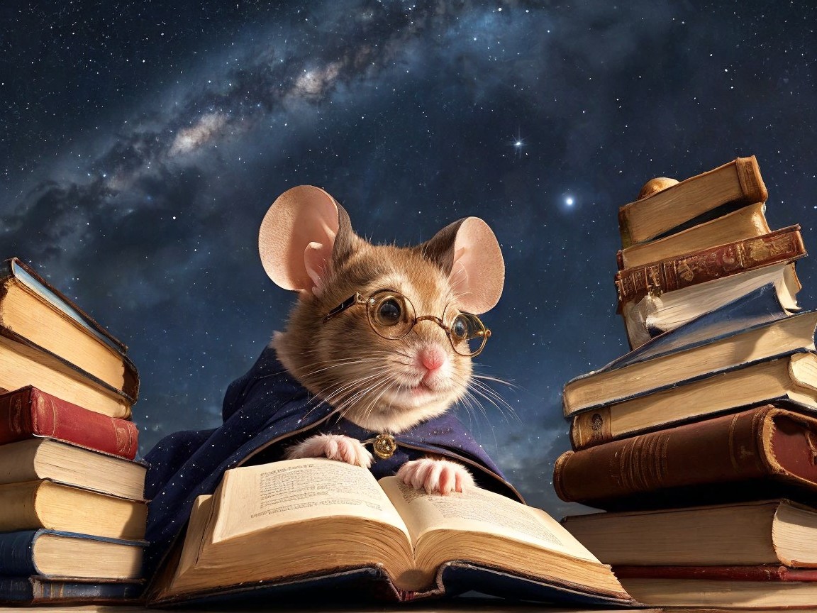 Whimsical Mouse in Glasses at a Desk with Books