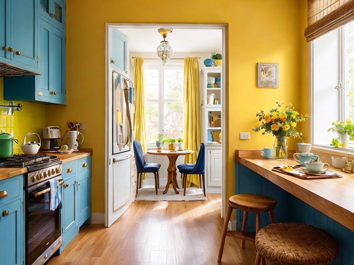 Bright Kitchen with Blue Cabinets and Wooden Countertops