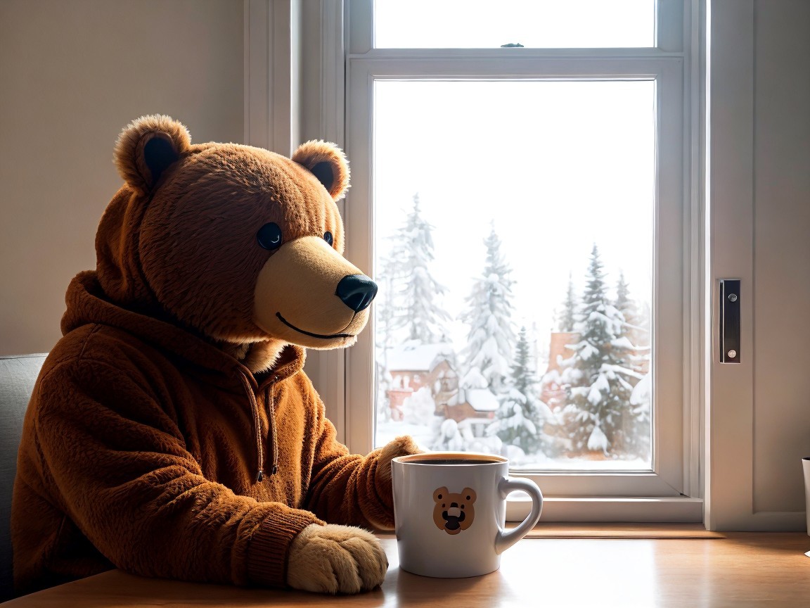 Cozy Bear Mascot in Winter Scene with Snowy Landscape