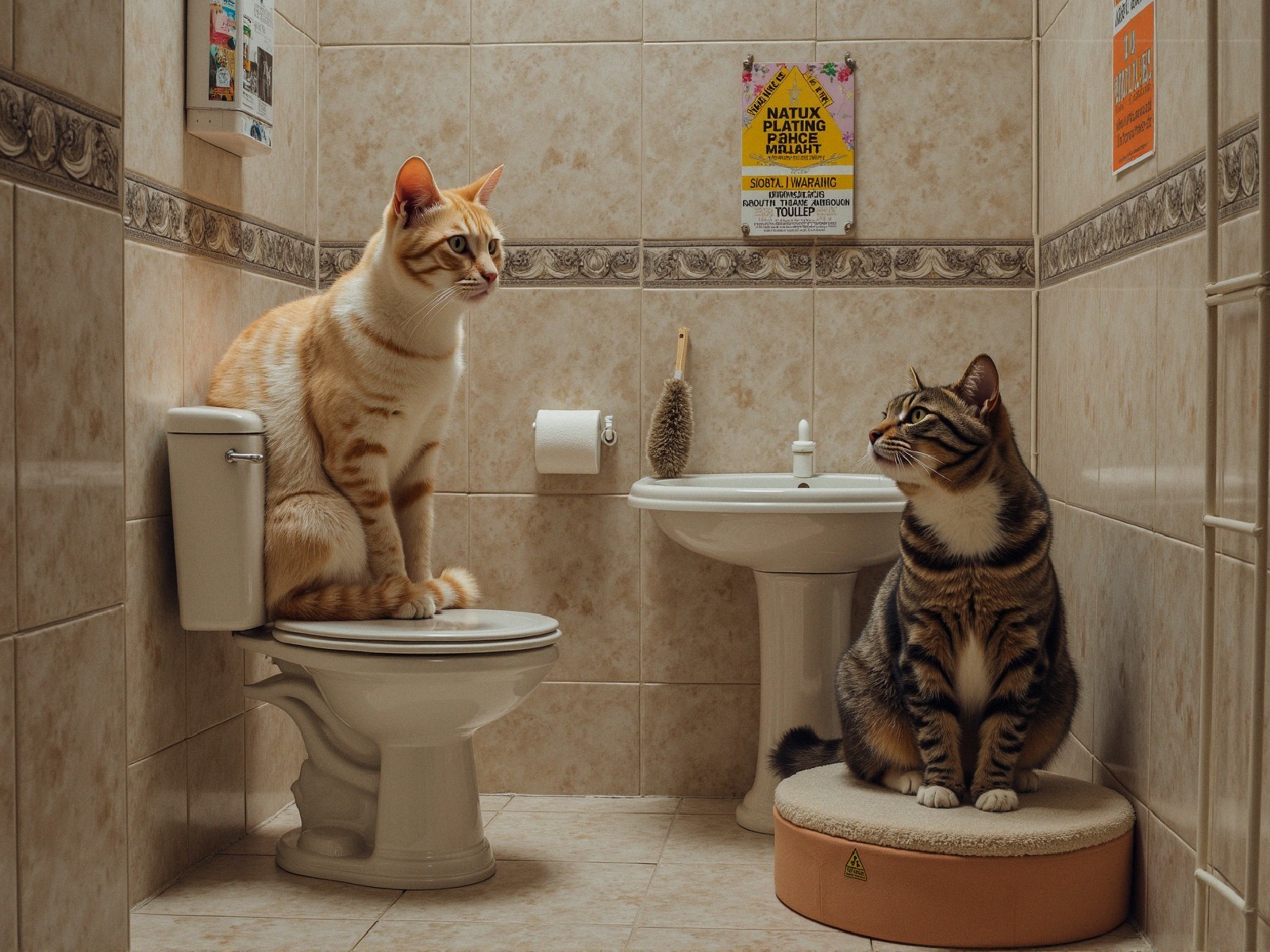 Playful Cats in a Cozy Bathroom Setting