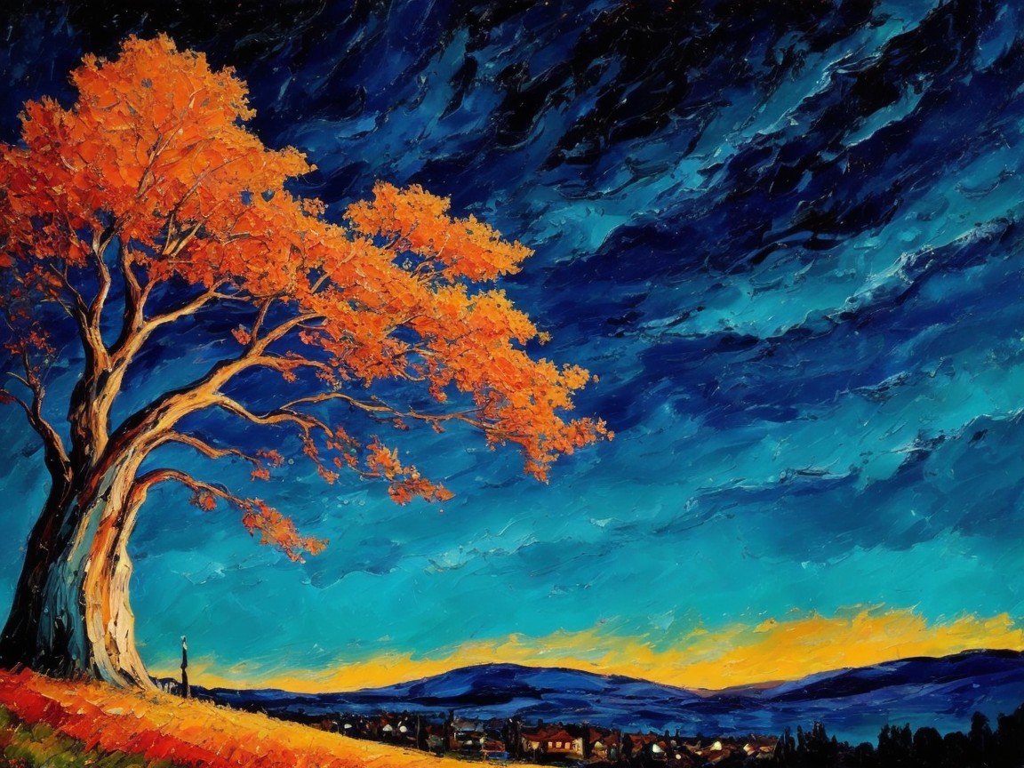 Vibrant Autumn Landscape with Tree and Village Scene