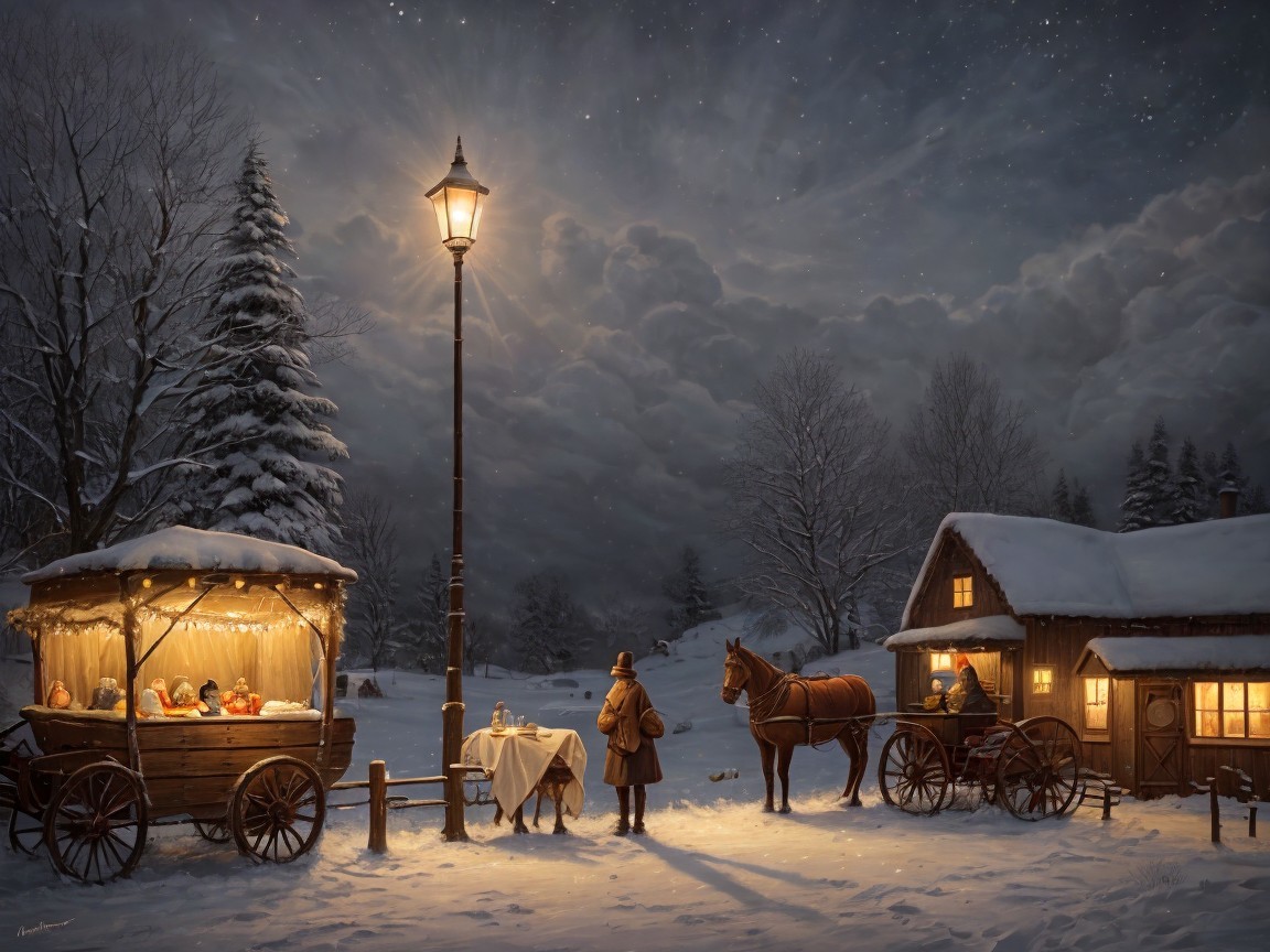 Winter Scene with Wooden Cart and Snowy Landscape