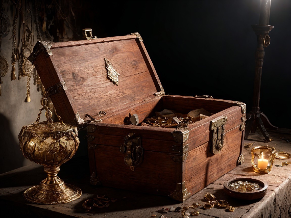 Ornate Wooden Treasure Chest with Golden Artifacts