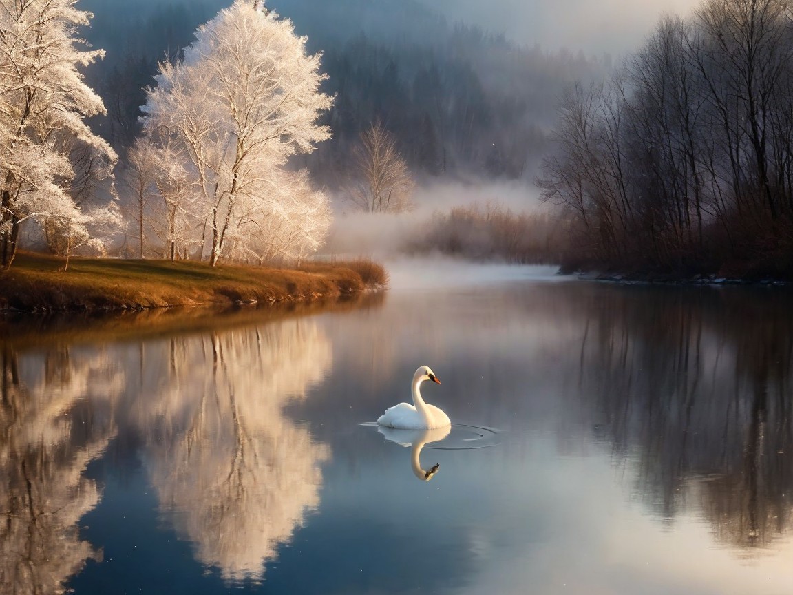 Serene Winter Landscape with River and Swan