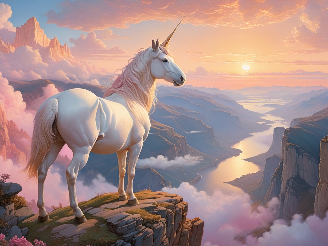 Unicorn on Rocky Outcrop at Sunset Over Landscape
