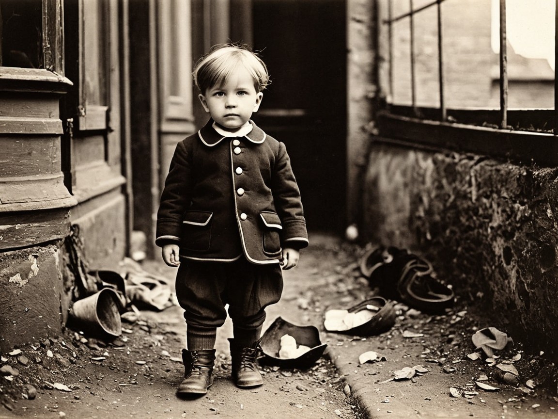Child in Vintage Suit on Cobblestone Alley Path