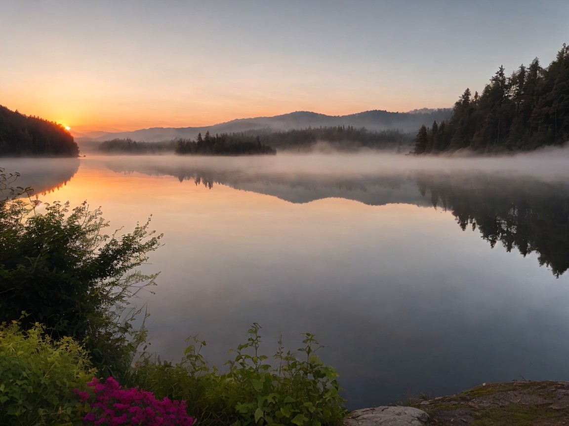 Serene Lake at Sunrise with Mist and Pine Trees