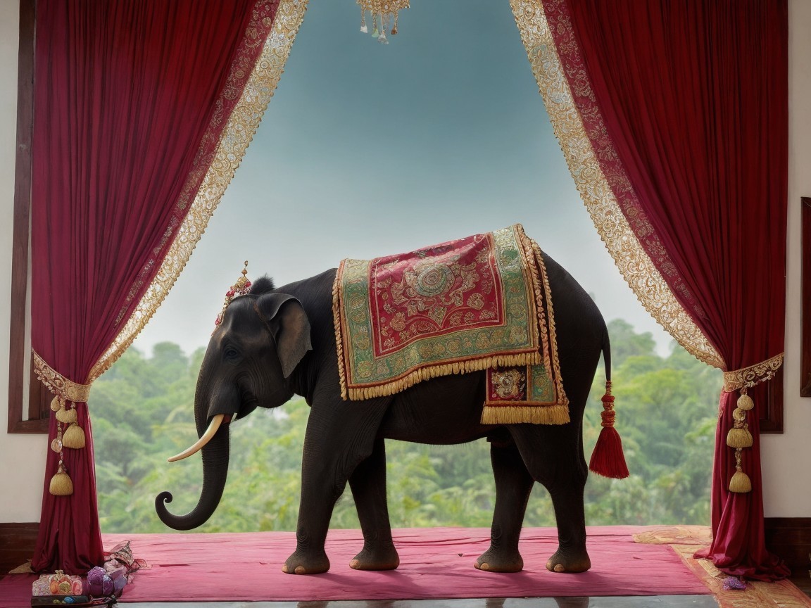 Ornamental elephant on red carpet with lush backdrop