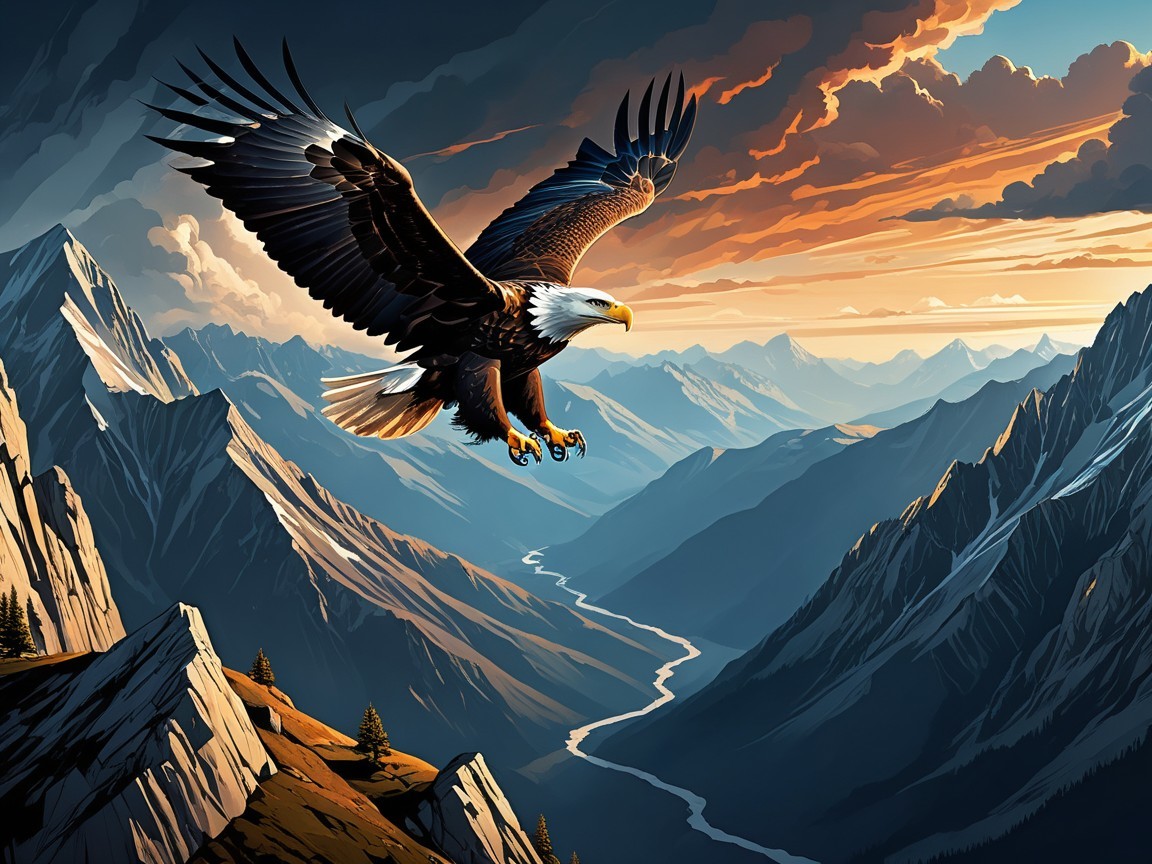Eagle Soaring Over Mountains at Sunset with River
