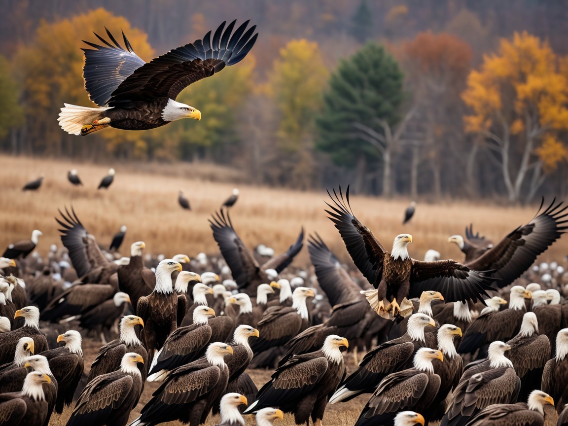 Bald eagles in a grassy field with autumn foliage
